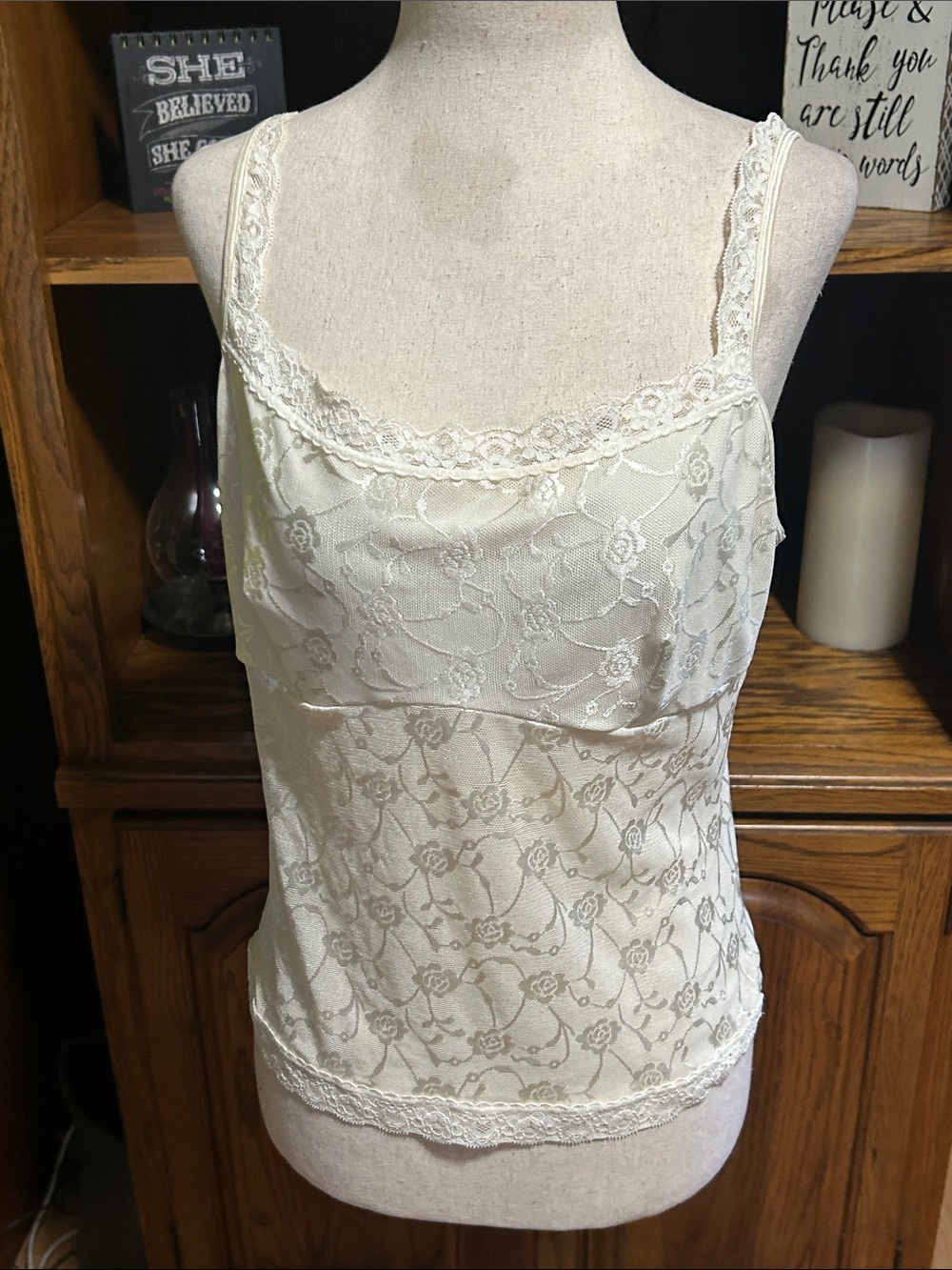 vassarette Cream Lace-Overlay Camisole With Adjustable Straps Size XL